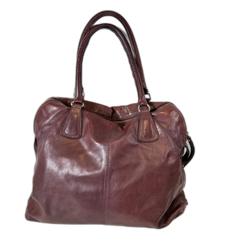 Rosella D Burgundy Leather Animal Print Calf Hair Large Satchel Shoulder Bag